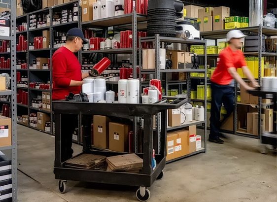 Warehouse team picking stocked filters for shipment