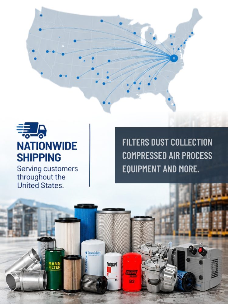 Industrial filters, dust collector valves, ducting and vacuum pumps with a map of nationwide shipping across the United States